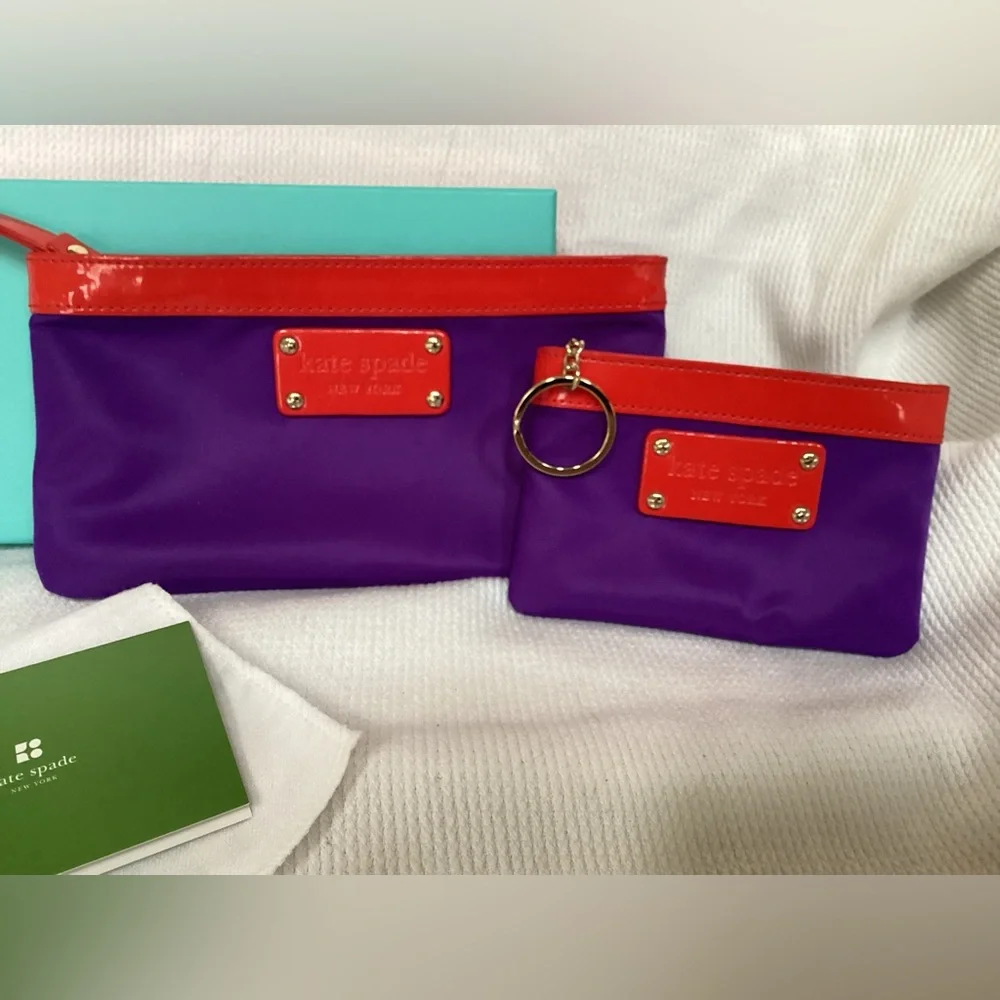 kate spade PurpleNylon and Red Patent Leather Zipper 2 pc Pouch set.  NWT - Picture 2 of 13